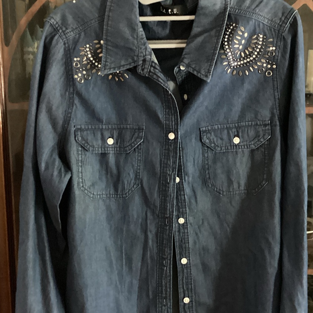 Women's Blue Button Down Shirt with Studded Design